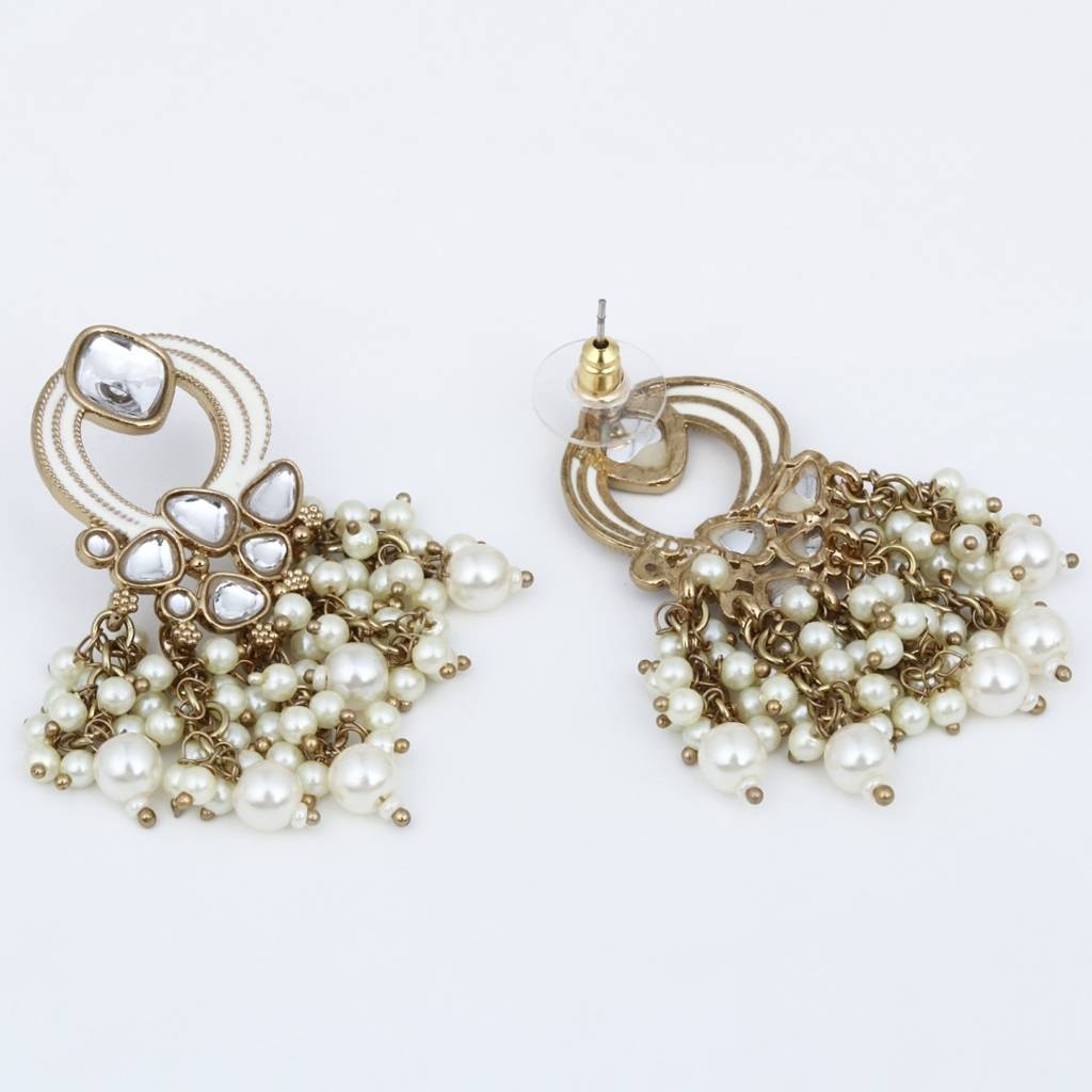 Gold-Plated Meenakari Stud Earrings With Kundan & Pearl Cluster Drops : S24FAER408WHT