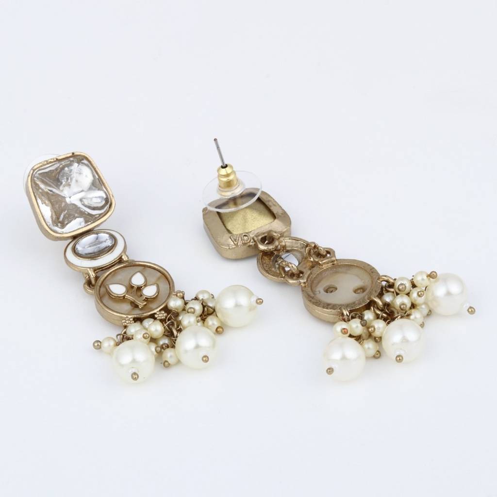 Meenakari & Kundan Drop Earring Gold & White : S24FAER372GLD