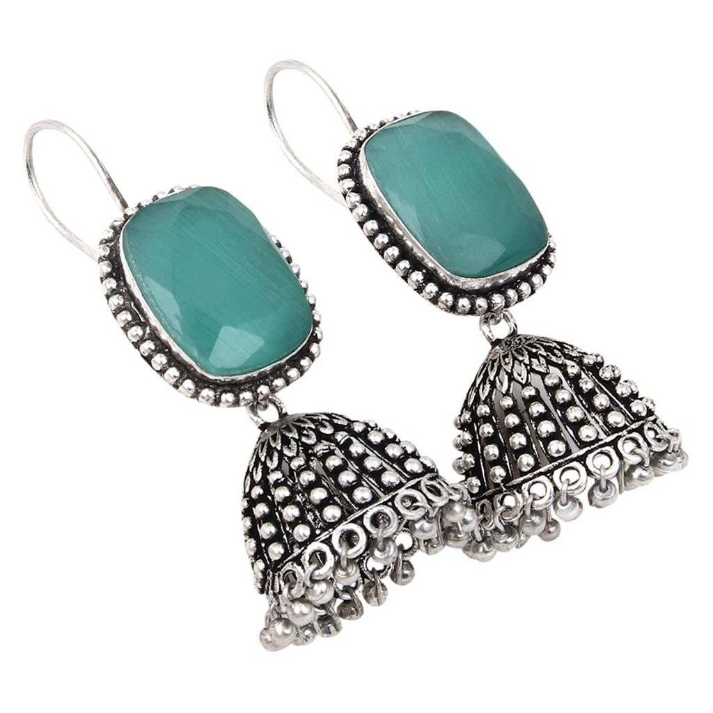 Oxidised Silver Cabochon Jhumka Drops : F23MHER014MNT