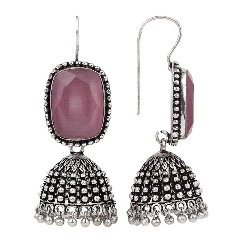 Oxidised Silver Cabochon Jhumka Drops : F23MHER014PNK