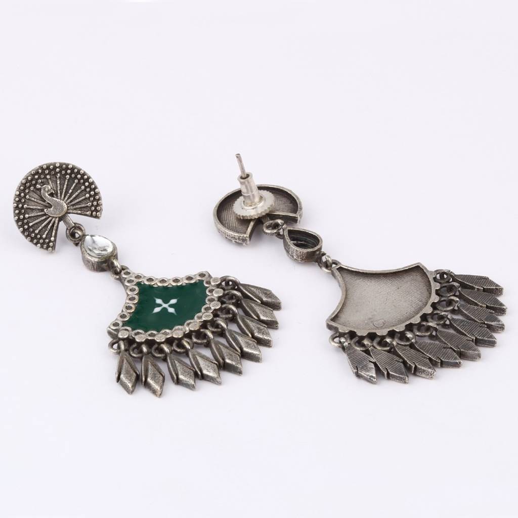 Silver Oxidised Finish Hand Painted Drop Earring : S24DJER314GRN
