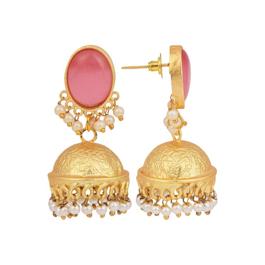 Gold Finish Pearl Dome Jhumka Earrings : S24JJER211PNK