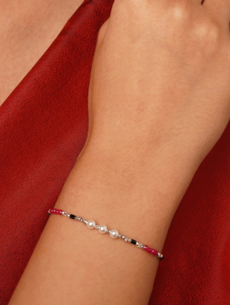 925 Sterling Silver Pearl Accent Beaded Bracelet : ARSBR174