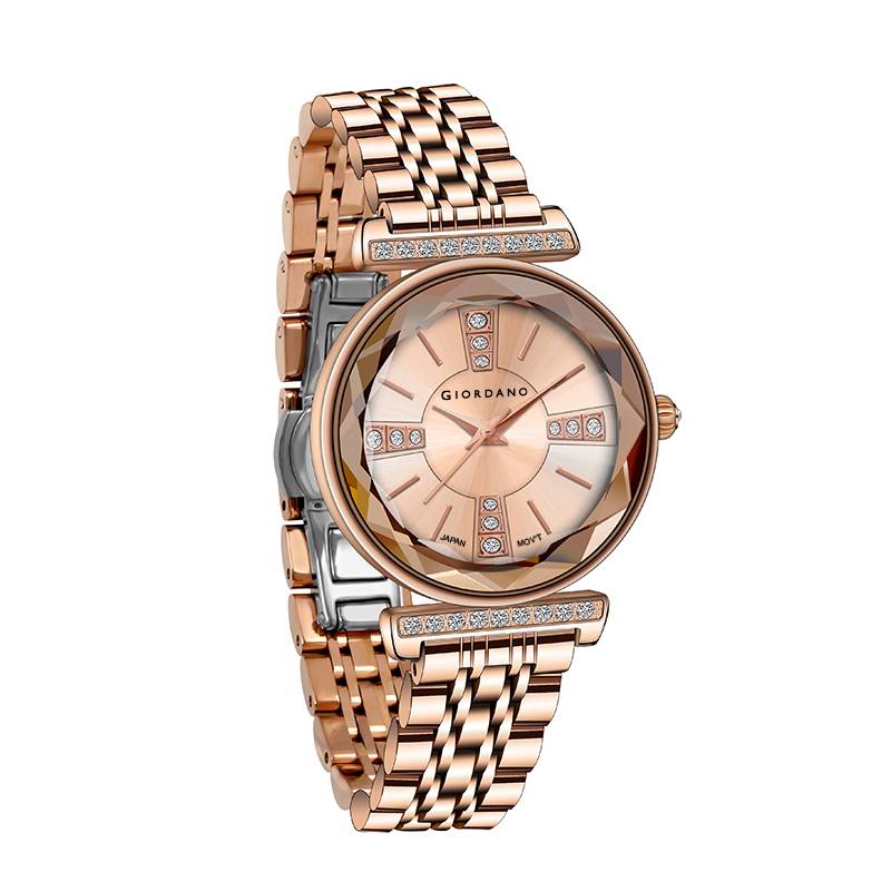 Giordano Stylish Diamond Studded Analog Wrist Watch For Women With Elegant Diamond Cut Glass And Glass Coated St : GZ-60084-33