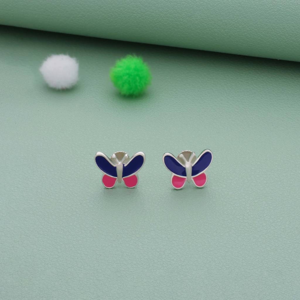 Blue-Pink Enamel Butterfly Silver Kid Earring | 925 Hallmark | Everyday Wear : KE-KS-RH-M-122-P