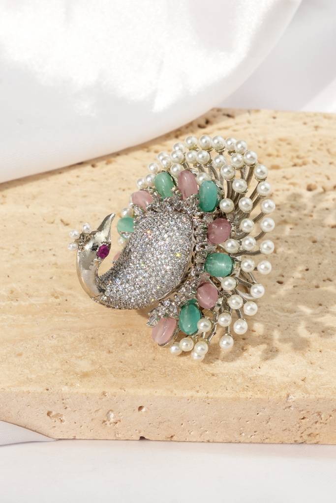 Diamond Look Peacock  Adjustable Finger Ring : BP-FR-1096