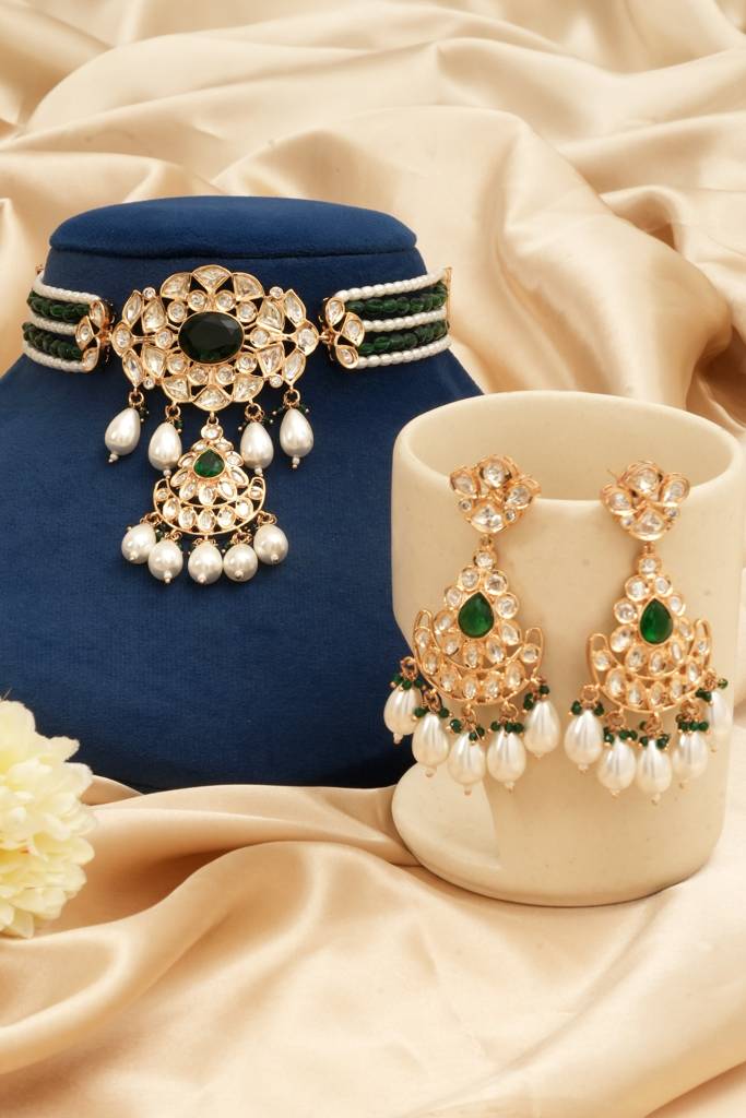 Emerald Designer Moissanite Kundan Necklace Set : BP-NK-1250