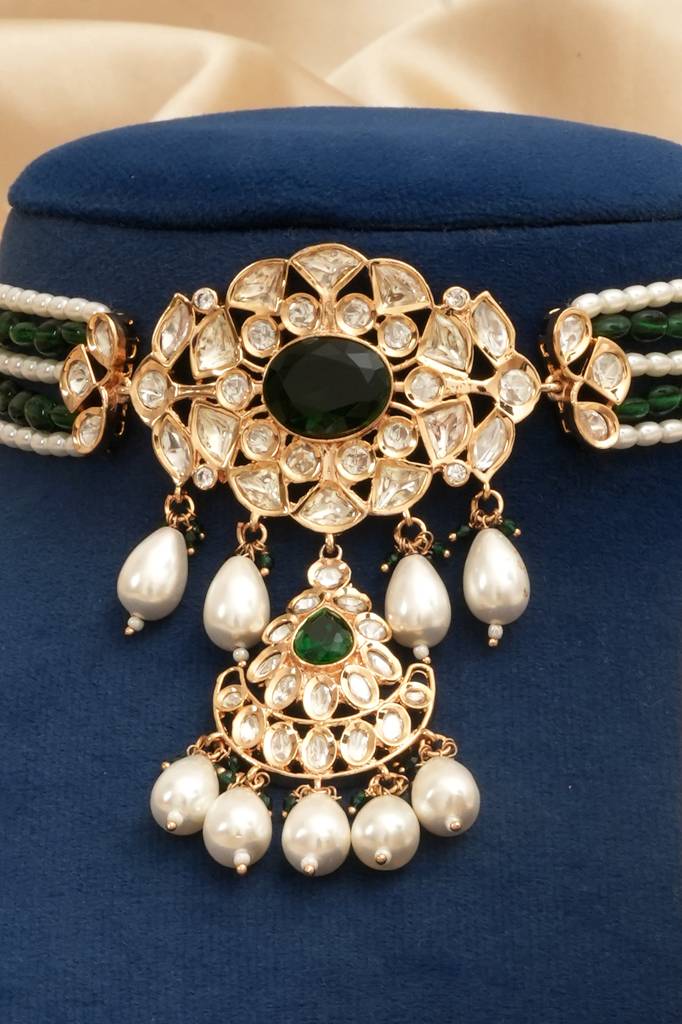 Emerald Designer Moissanite Kundan Necklace Set : BP-NK-1250