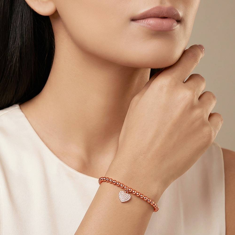 925 Silver Rose Gold Beaded Heart Charm Bracelet|Gifts For Women And Girls | With Certificate Of Authenticity And 92 : BR01493
