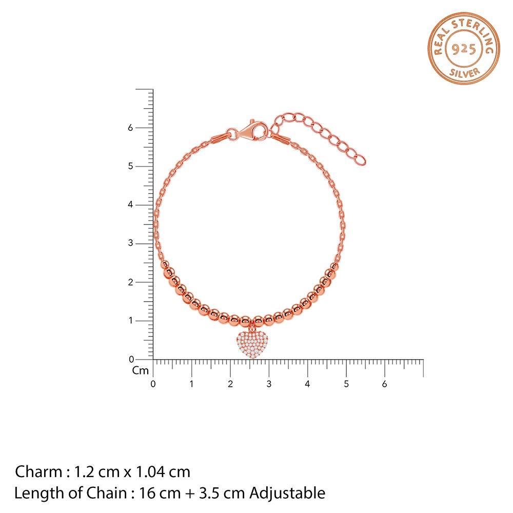 925 Silver Rose Gold Beaded Heart Charm Bracelet|Gifts For Women And Girls | With Certificate Of Authenticity And 92 : BR01493