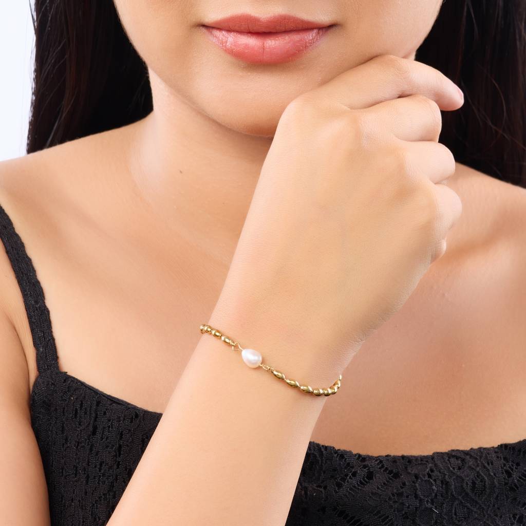 Pearl Bean Chain Heart Accent Bracelet : BR90