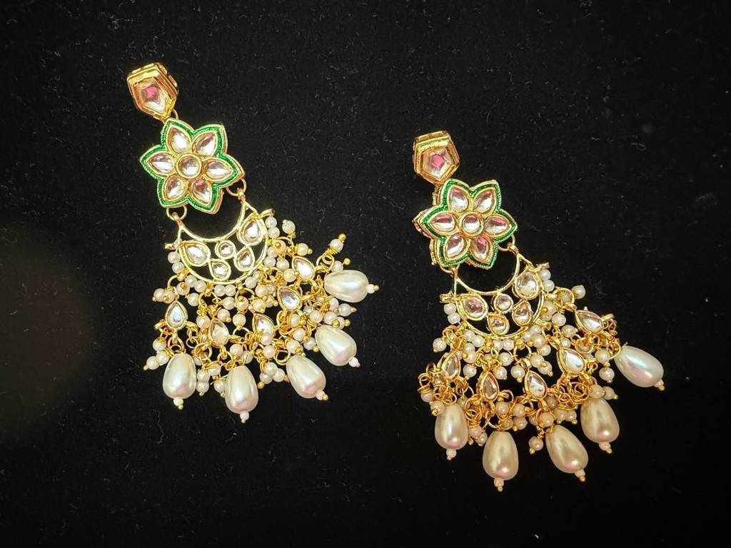 Floral Meenakari Kundan & Pearl Drop Chandbali Earrings : BSJ204