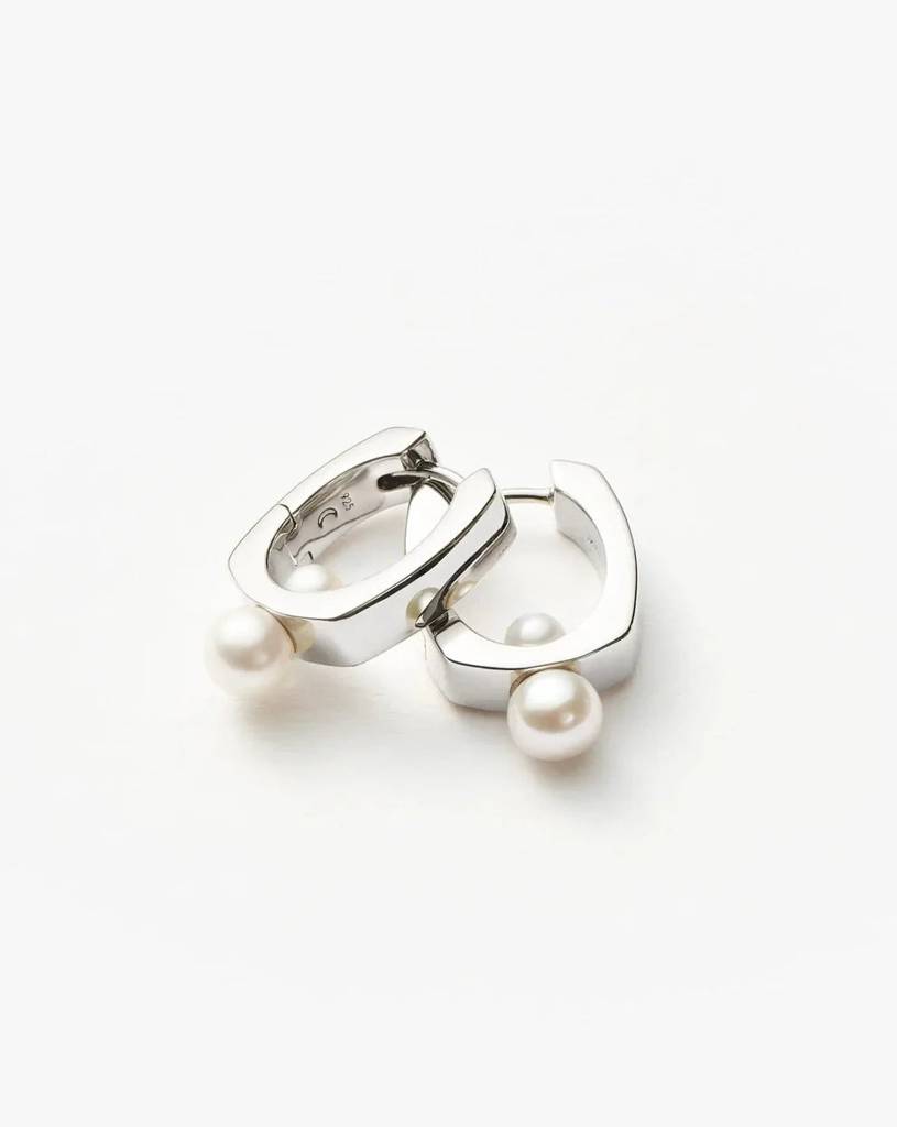Button Pearl Square Hoop Earrings : ER-SQR24-SL-WHT