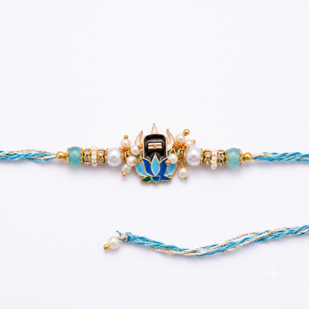 Blue Lotus Shivling Thread Rakhi With Pearls : BV-AH-RKHI-BLUE-LOTUS-SHIVLING