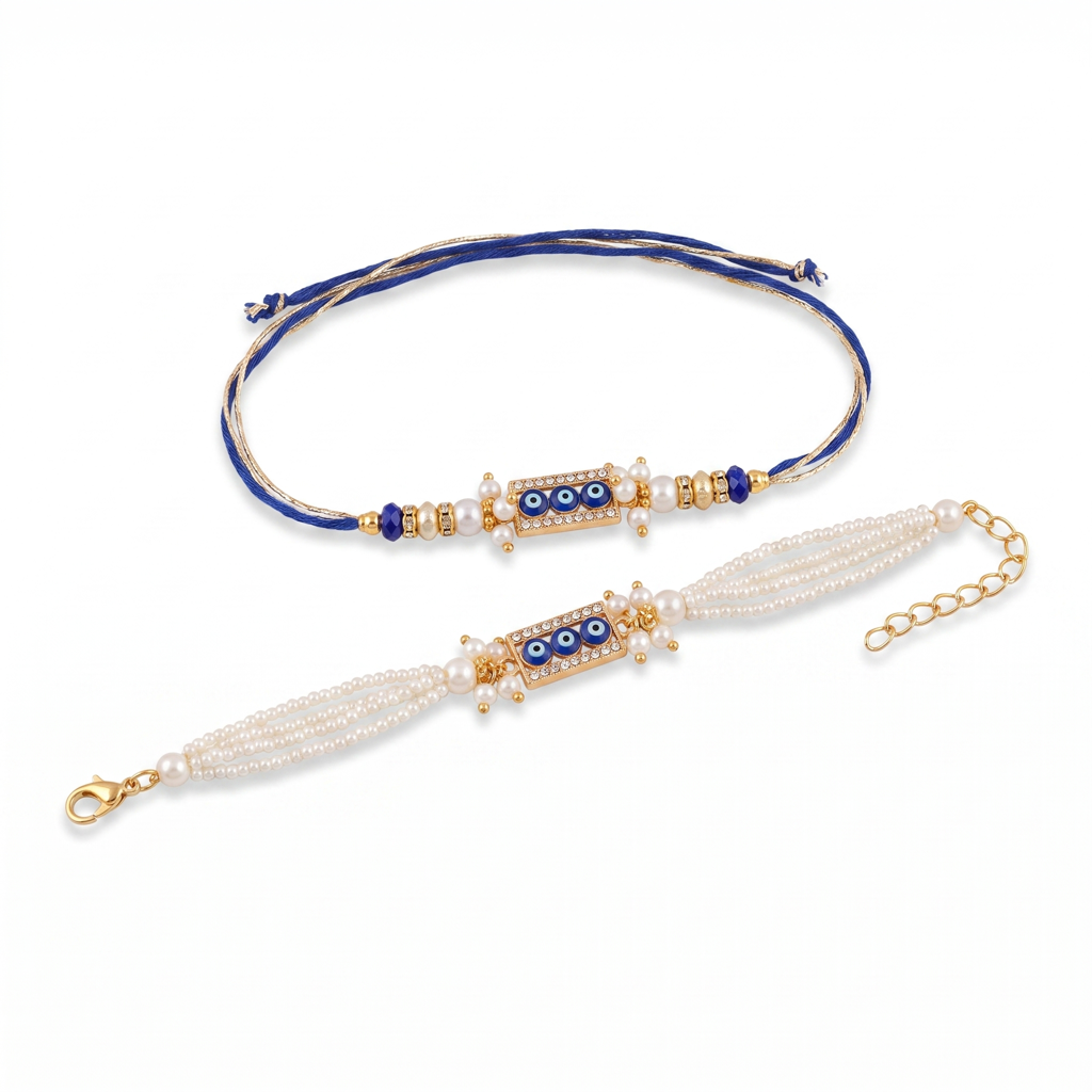 Blue Evil Eye Bar Bhaiya Bhabhi Rakhi Set : BV-AH-RKHI-EVILEYE-BAR-BLUE-COUPLE