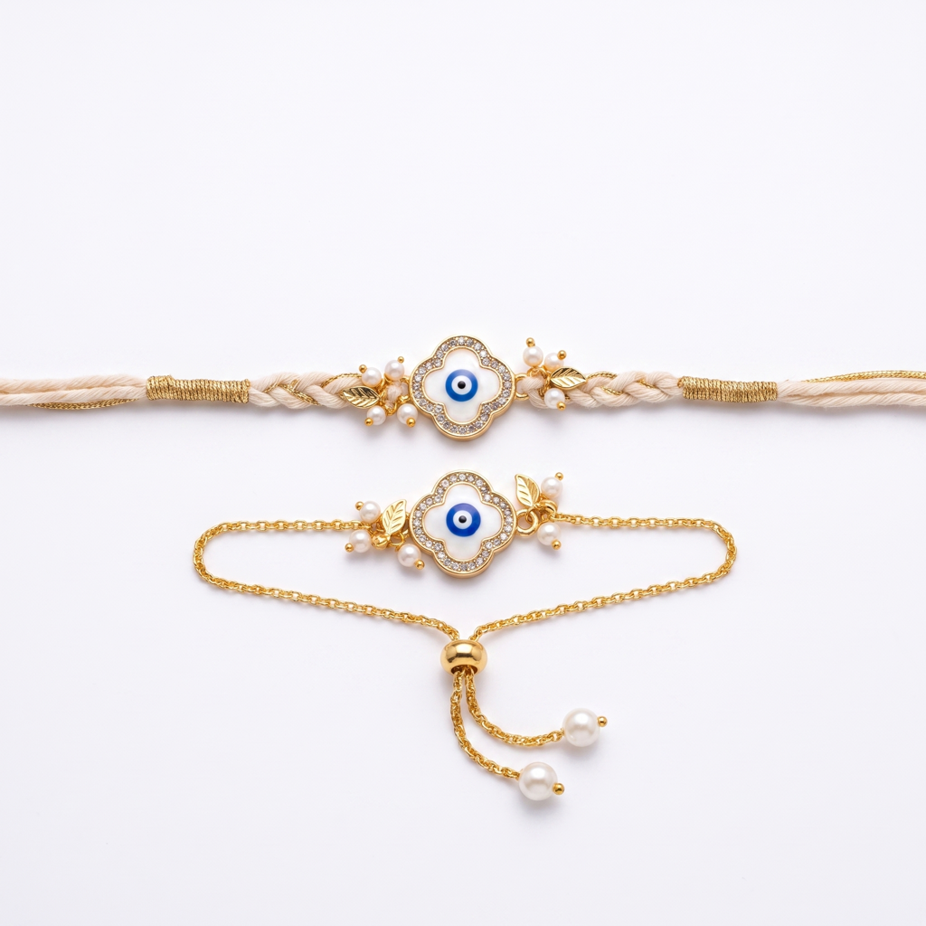 White Clover Evil Eye Bhaiya Bhabhi Rakhi Set : BV-AH-RKHI-EVILEYE-CLOVER-WHITE-COUPLE