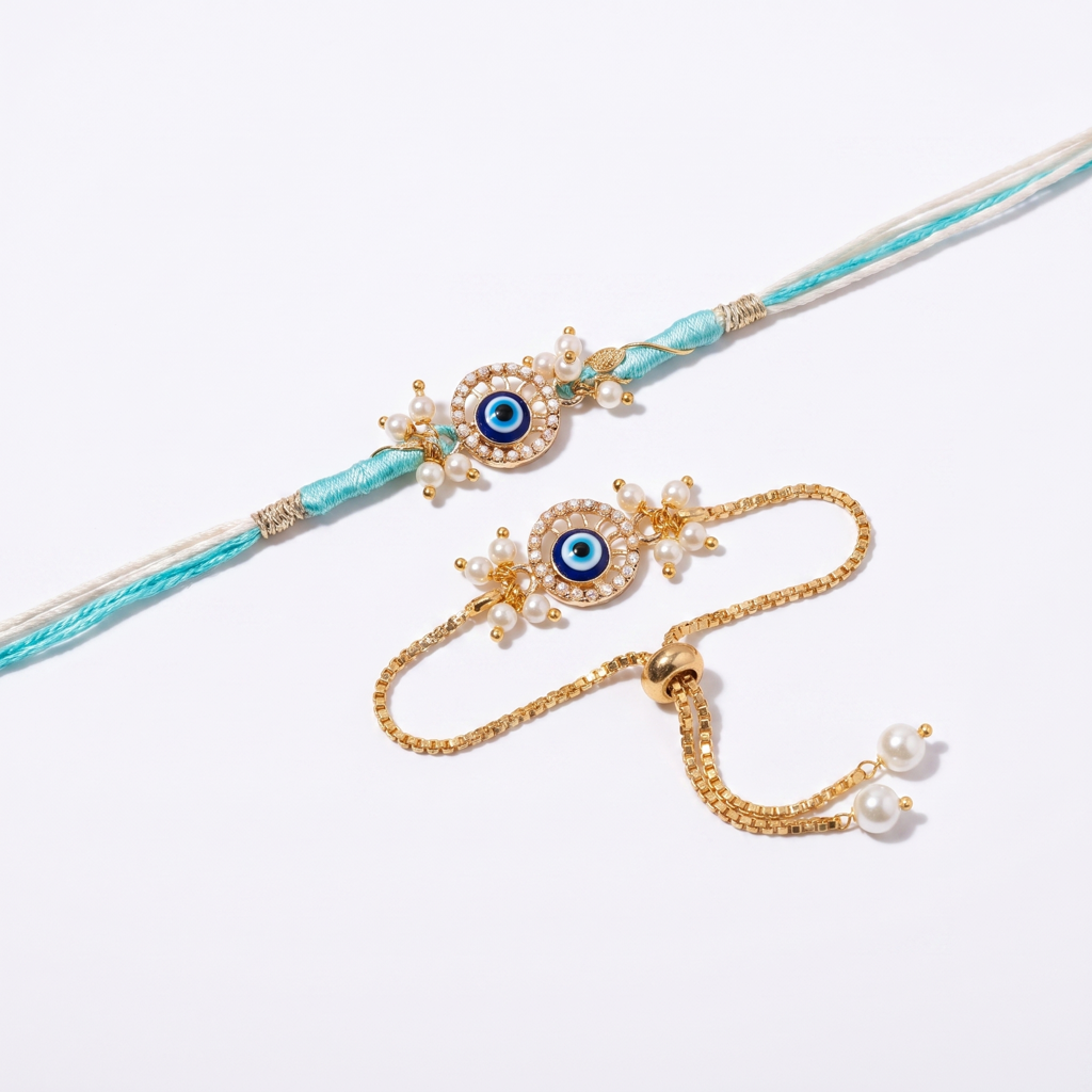 Aqua Round Evil Eye Bhaiya Bhabhi Rakhi Set : BV-AH-RKHI-EVILEYE-ROUND-AQUA-COUPLE