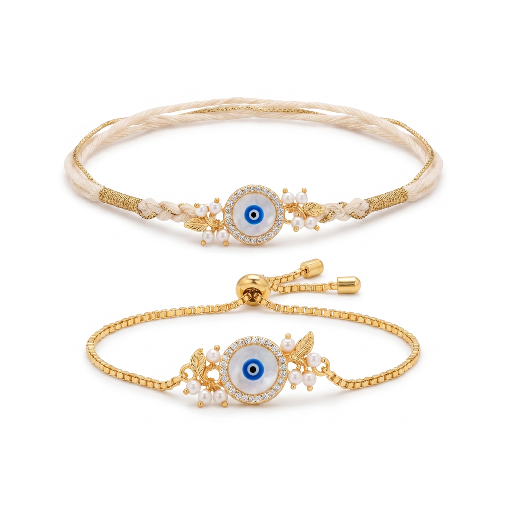 Cream Round Evil Eye Bhaiya Bhabhi Rakhi Set : BV-AH-RKHI-EVILEYE-ROUND-CREAM-COUPLE