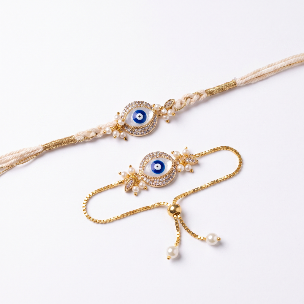 Gold Oval Evil Eye Bhaiya Bhabhi Rakhi Set : BV-AH-RKHI-EVILEYE-ROUND-GOLD-COUPLE