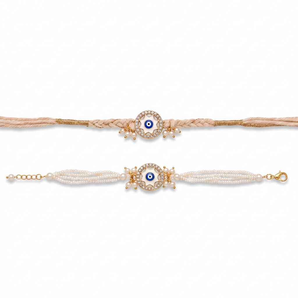 Pearl Round Evil Eye Bhaiya Bhabhi Rakhi Set : BV-AH-RKHI-EVILEYE-ROUND-PEARL-COUPLE