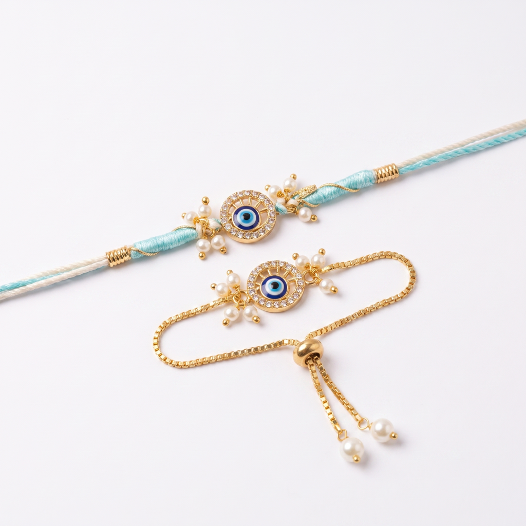 Teal Round Evil Eye Bhaiya Bhabhi Rakhi Set : BV-AH-RKHI-EVILEYE-ROUND-TEAL-COUPLE