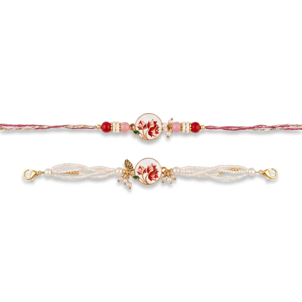 Red Rose Floral Round Bhaiya Bhabhi Rakhi Set : BV-AH-RKHI-FLORAL-ROUND-RED-COUPLE