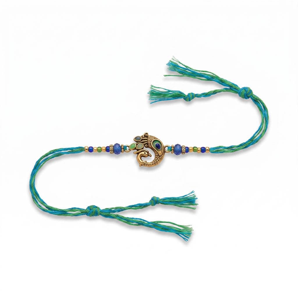 Antique Gold Ganesha Green Thread Rakhi : BV-AH-RKHI-GANESHA-GREEN-SINGLE