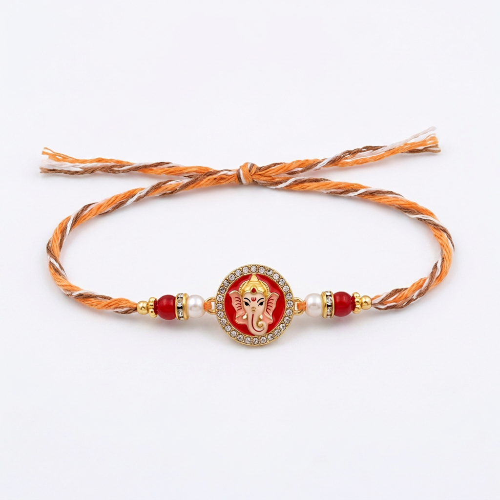 Red Ganesha Kundan Ring Orange Thread Rakhi : BV-AH-RKHI-GANESHA-RED-ORANGE-SINGLE