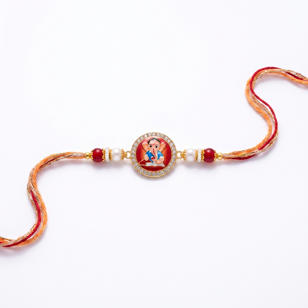 Baby Ganesha Round Orange Thread Rakhi : BV-AH-RKHI-GANESHA-ROUND-ORANGE-SINGLE