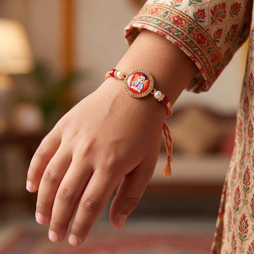 Eternz Certified Jewellery - Belle Vogue Baby Ganesha Round Orange Thread Rakhi (Free Size)