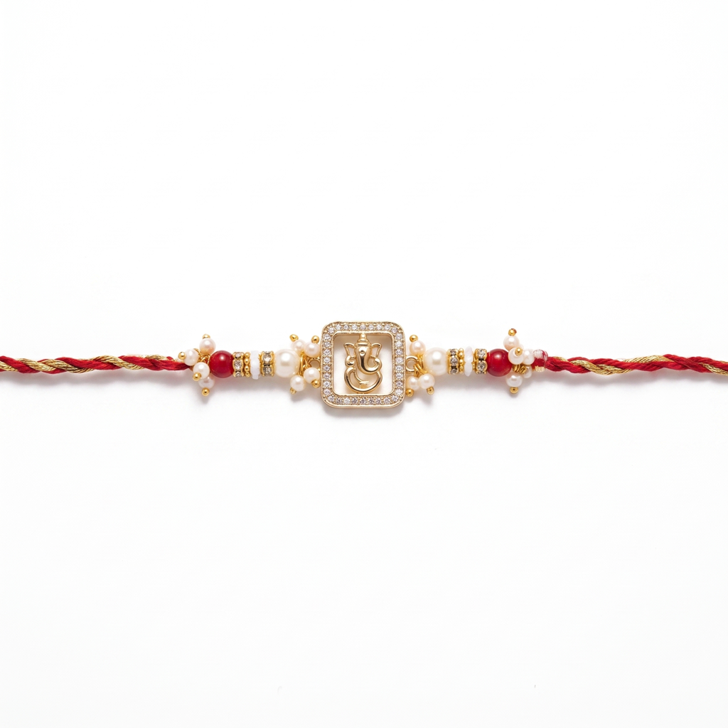 Golden Ganesha Square Kundan Red Rakhi : BV-AH-RKHI-GANESHA-SQUARE-RED-SINGLE