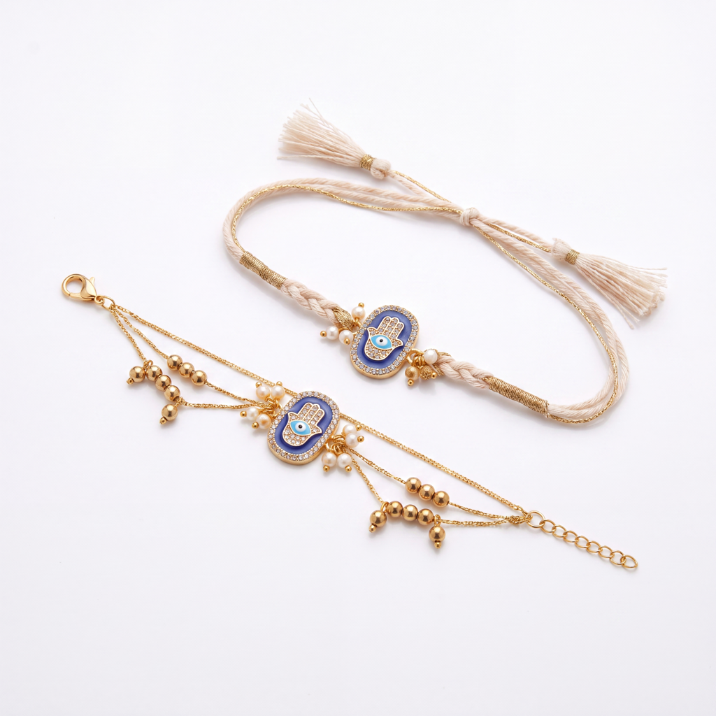 Blue Hamsa Evil Eye Bhaiya Bhabhi Rakhi Set : BV-AH-RKHI-HAMSA-EVILEYE-BLUE-COUPLE