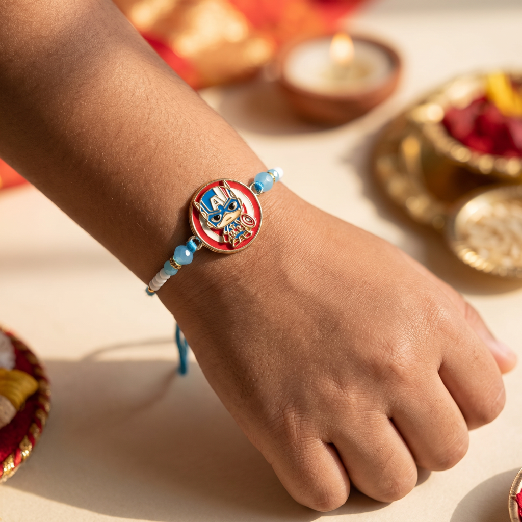 Chibi Captain America Blue Kids Rakhi : BV-AH-RKHI-KIDS-CAP-AMERICA-BLUE
