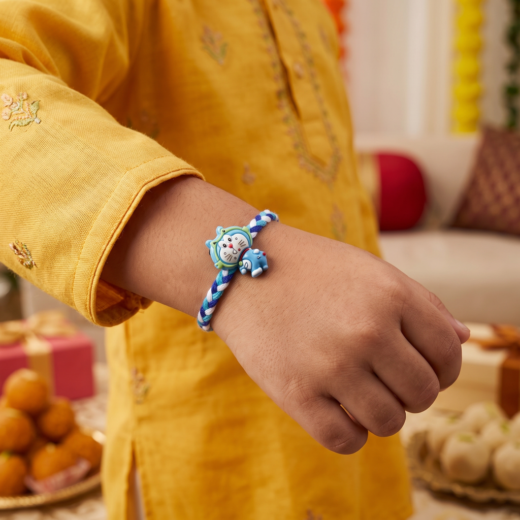 Eternz Certified Jewellery - Belle Vogue Doraemon Hooded Blue Braided Kids Rakhi (Free Size)