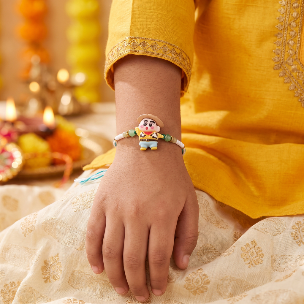 Eternz Certified Jewellery - Belle Vogue Shinchan Cowboy Green Kids Rakhi (Free Size)