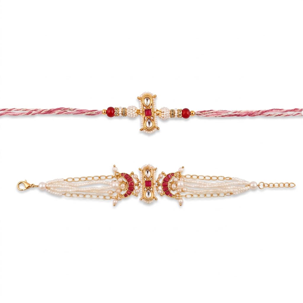 Kundan Cross Pink Bhaiya Bhabhi Rakhi Set : BV-AH-RKHI-KUNDAN-CROSS-PINK-COUPLE