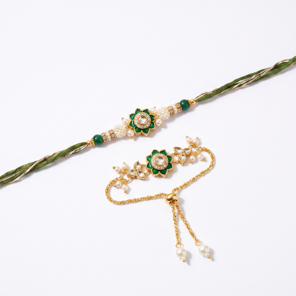 Green Kundan Flower Bhaiya Bhabhi Rakhi Set : BV-AH-RKHI-KUNDAN-FLOWER-GREEN-COUPLE