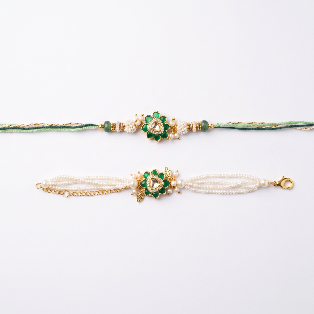 Green Kundan Flower Pearl Bhaiya Bhabhi Rakhi Set : BV-AH-RKHI-KUNDAN-FLOWER-GREEN-PEARL-COUPLE