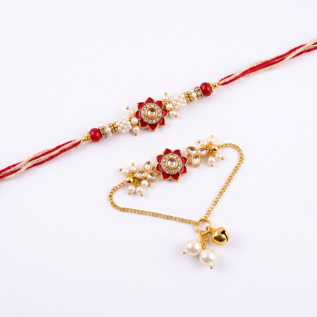 Red Kundan Flower Bhaiya Bhabhi Rakhi Set : BV-AH-RKHI-KUNDAN-FLOWER-RED-COUPLE