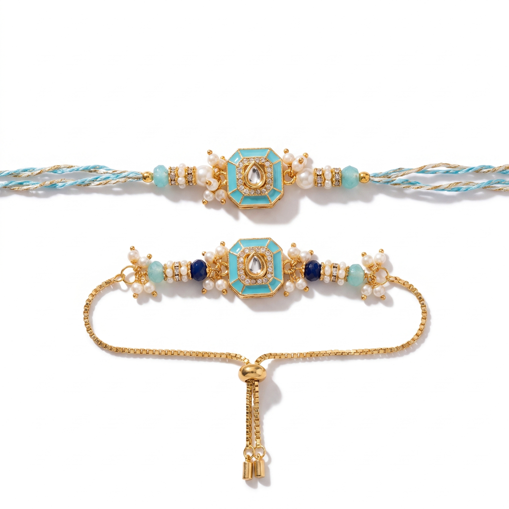 Aqua Kundan Octagon Bhaiya Bhabhi Rakhi Set : BV-AH-RKHI-KUNDAN-OCTAGON-AQUA-COUPLE