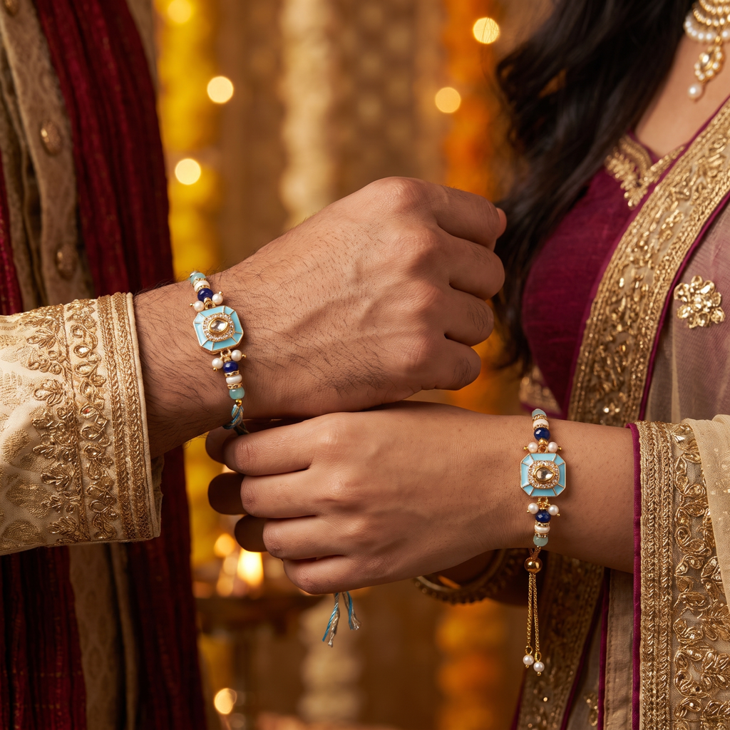 Aqua Kundan Octagon Bhaiya Bhabhi Rakhi Set : BV-AH-RKHI-KUNDAN-OCTAGON-AQUA-COUPLE