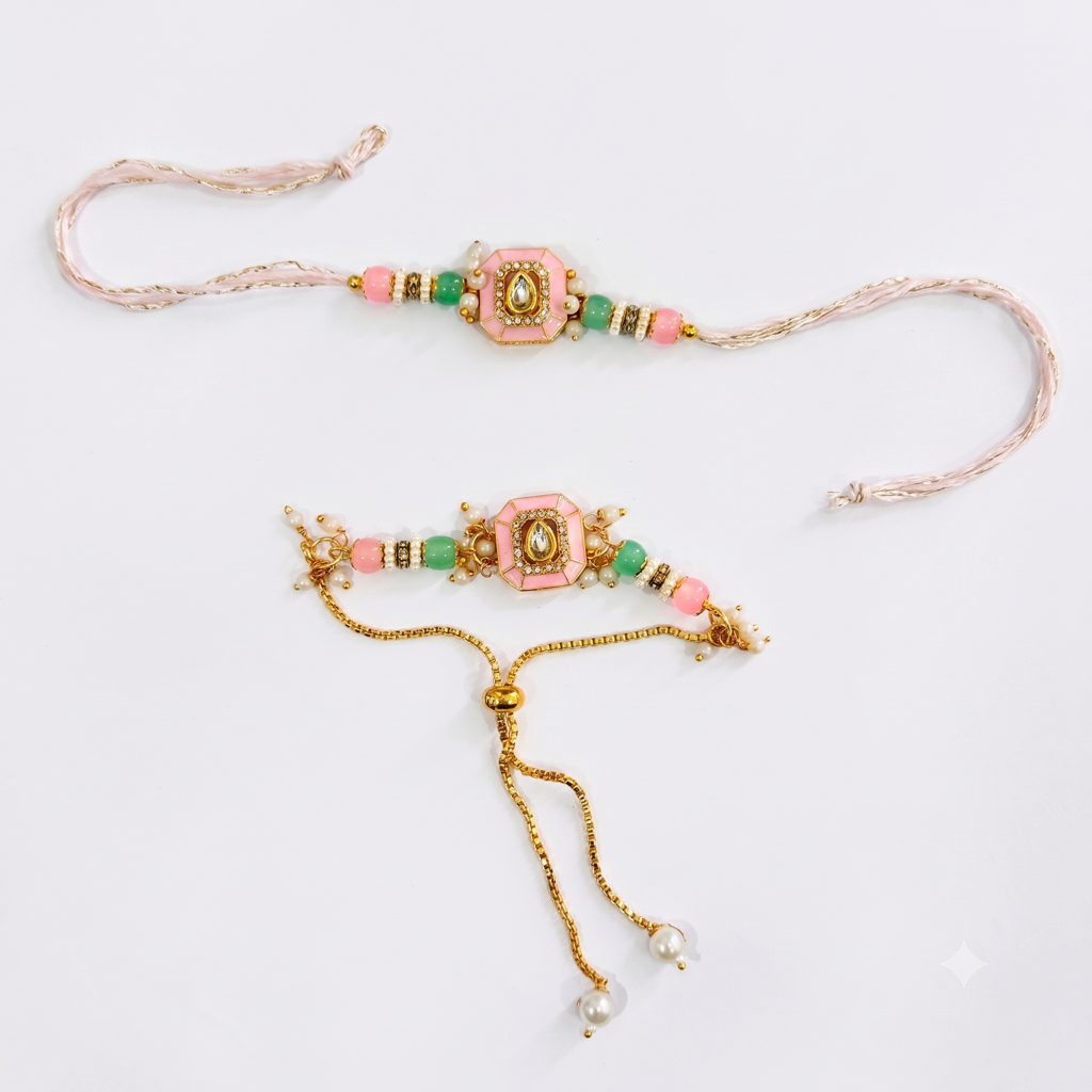 Pink Kundan Octagon Bhaiya Bhabhi Rakhi Set : BV-AH-RKHI-KUNDAN-OCTAGON-PINK-COUPLE