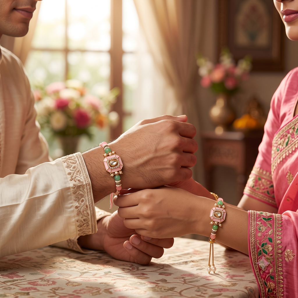 Pink Kundan Octagon Bhaiya Bhabhi Rakhi Set : BV-AH-RKHI-KUNDAN-OCTAGON-PINK-COUPLE