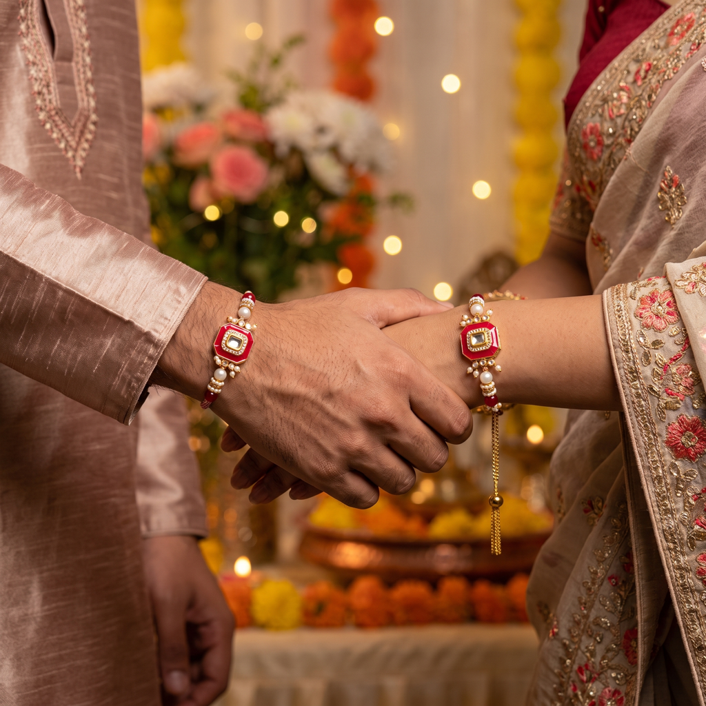 Red Kundan Octagon Bhaiya Bhabhi Rakhi Set : BV-AH-RKHI-KUNDAN-OCTAGON-RED-COUPLE