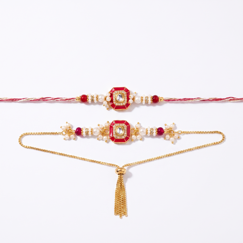 Red Kundan Octagon Bhaiya Bhabhi Rakhi Set : BV-AH-RKHI-KUNDAN-OCTAGON-RED-COUPLE