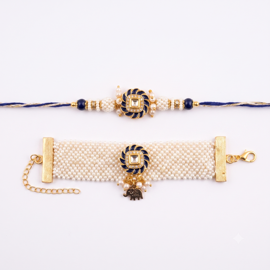 Blue Kundan Round Pearl Cuff Bhaiya Bhabhi Rakhi Set : BV-AH-RKHI-KUNDAN-ROUND-BLUE-CUFF-COUPLE