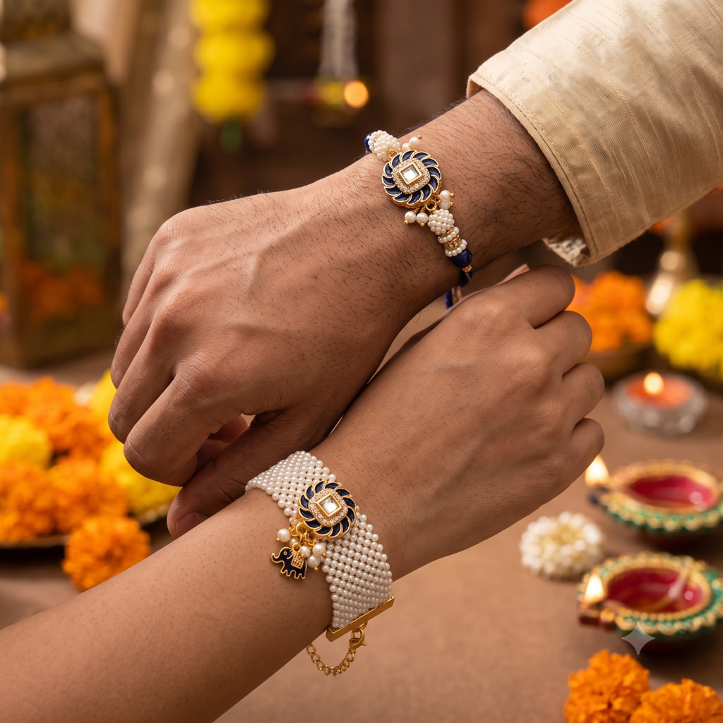 Eternz Certified Jewellery - Belle Vogue Blue Kundan Round Pearl Cuff Bhaiya Bhabhi Rakhi Set (Free Size)