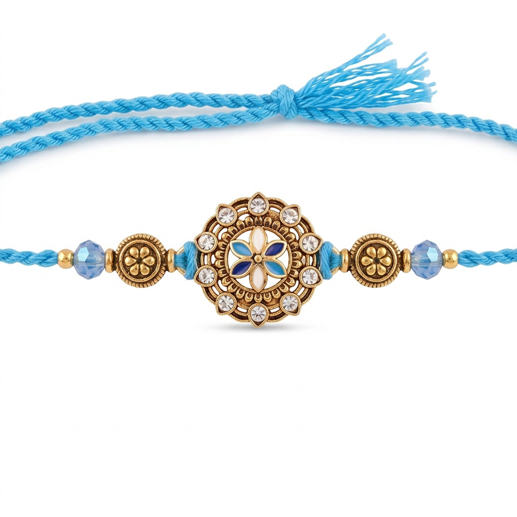 Blue Floral Antique Round Single Rakhi : BV-AH-RKHI-KUNDAN-ROUND-BLUE-SINGLE