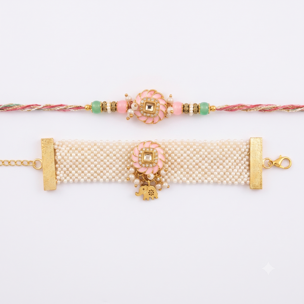 Kundan Round Pink Floral Bhaiya Bhabhi Rakhi Set : BV-AH-RKHI-KUNDAN-ROUND-PINK-CUFF-COUPLE