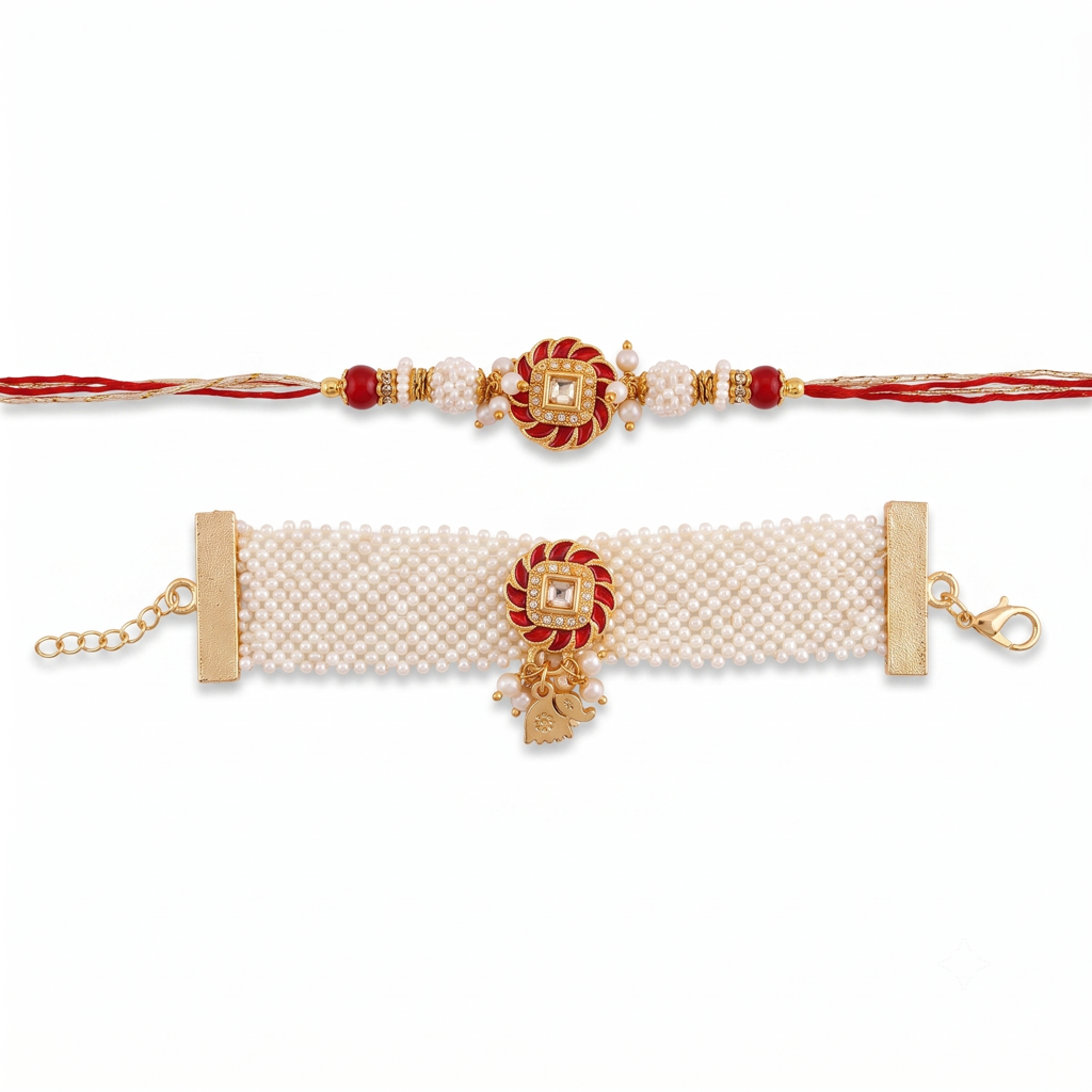 Kundan Round Red Floral Bhaiya Bhabhi Rakhi Set : BV-AH-RKHI-KUNDAN-ROUND-RED-CUFF-COUPLE
